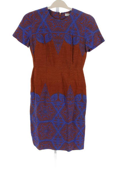 Jonathan Saunders Women Brown Abstract Short Sleeve Midi Dress Size 34