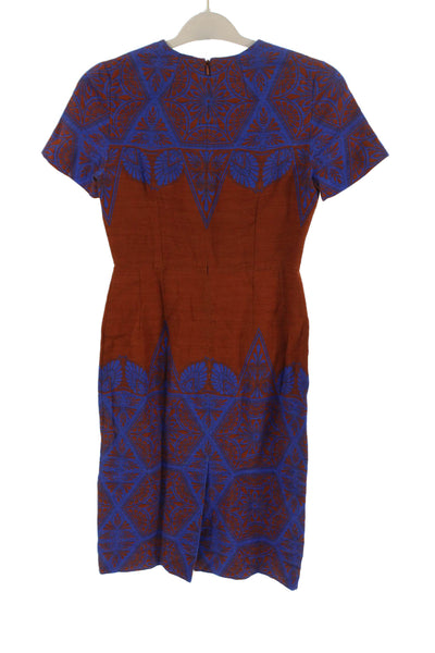 Jonathan Saunders Women Brown Abstract Short Sleeve Midi Dress Size 34