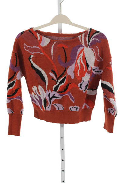 Maeve Anthropologie Women Sweater Orange Floral Crewneck Longsleeve Size XS