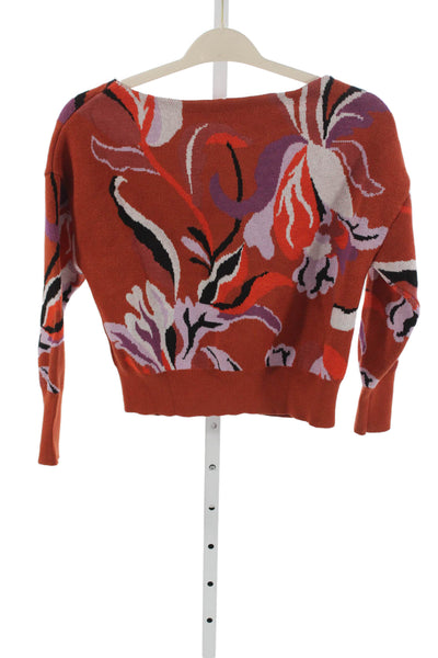 Maeve Anthropologie Women Sweater Orange Floral Crewneck Longsleeve Size XS