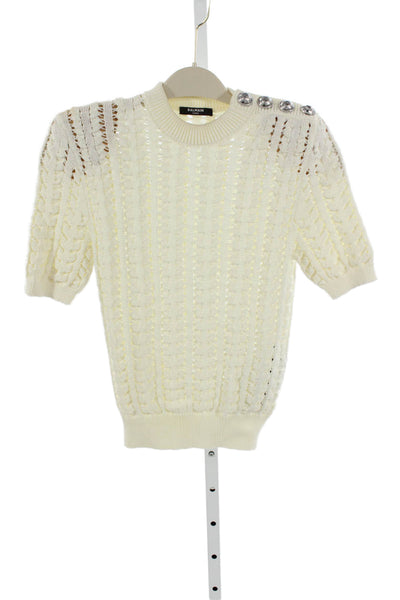 Balmain Women Ivory Viscose Pullover Sweater Short Sleeve Crew Neck Size 36