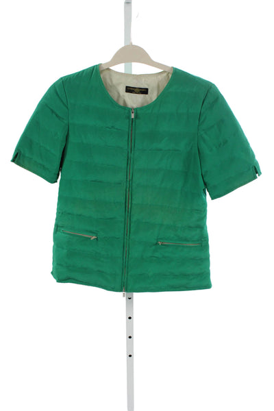 Luciano Barbera Women Silk Green Puffer Jacket Zip Short Sleeve Size 40
