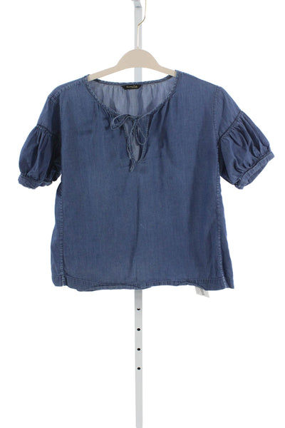 Massimo Dutti Women Basic Cotton Round Neck Short Sleeve Blouse Blue Size M