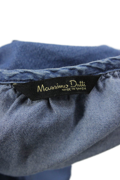Massimo Dutti Women Basic Cotton Round Neck Short Sleeve Blouse Blue Size M