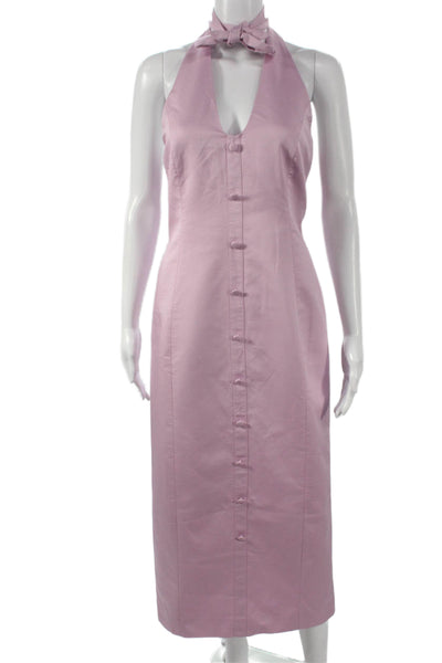 Meshki Women Sheath Dress Halter Sleeveless Pink Cotton Mid-Calf Button Size S