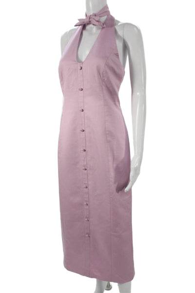Meshki Women Sheath Dress Halter Sleeveless Pink Cotton Mid-Calf Button Size S