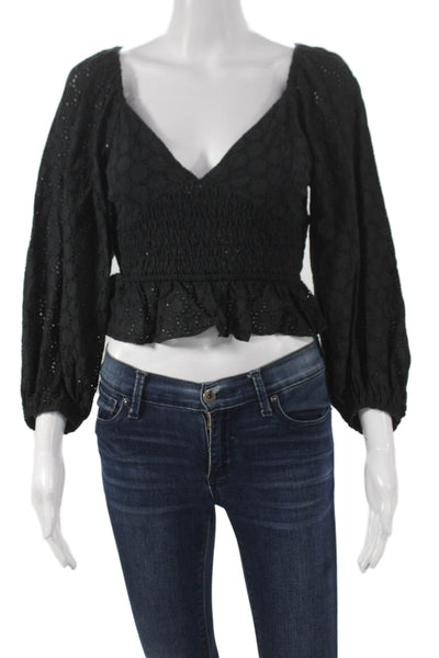 Olivaceous Womens Cropped V-Neck Black Cotton Longsleeve Geometric Blouse Size S
