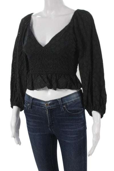 Olivaceous Womens Cropped V-Neck Black Cotton Longsleeve Geometric Blouse Size S