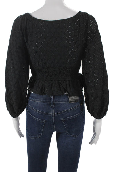 Olivaceous Womens Cropped V-Neck Black Cotton Longsleeve Geometric Blouse Size S