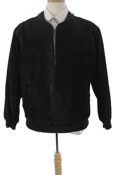 John Ashford Mens Leather Bomber Jacket Black Zip Solid Fall Size M