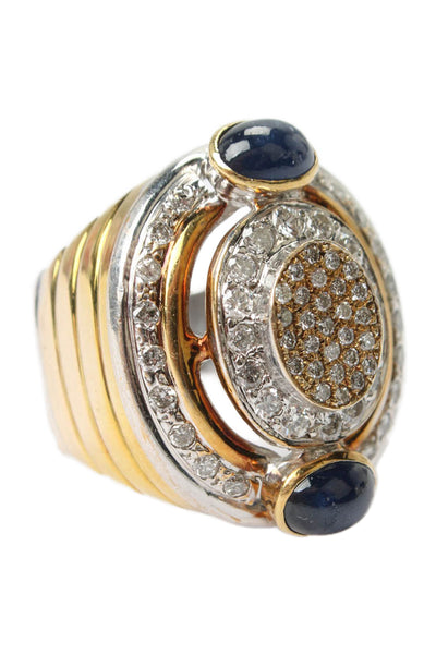 Designer 14k Yellow & White Gold Diamond Blue Sapphire Oval Ring .95ctw Size 7