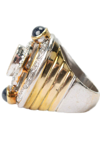 Designer 14k Yellow & White Gold Diamond Blue Sapphire Oval Ring .95ctw Size 7