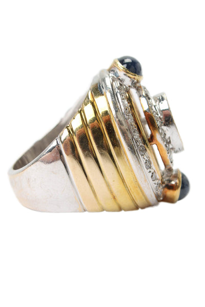 Designer 14k Yellow & White Gold Diamond Blue Sapphire Oval Ring .95ctw Size 7