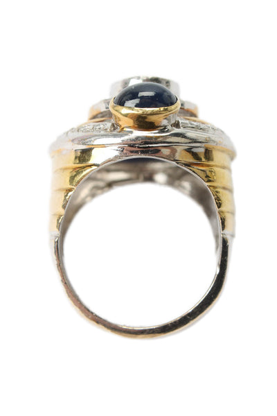 Designer 14k Yellow & White Gold Diamond Blue Sapphire Oval Ring .95ctw Size 7
