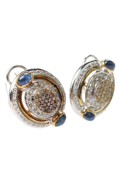 Designer Womens 14K Yellow White Gold Sapphire Oval Earrings 2.4ctw 25g