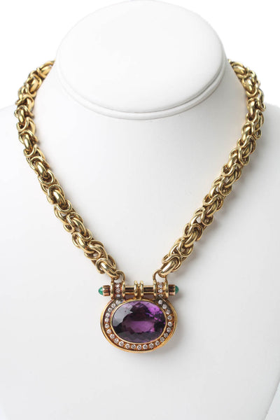 Designer Womens Amethyst Diamond 14K Yellow Gold Necklace 80g