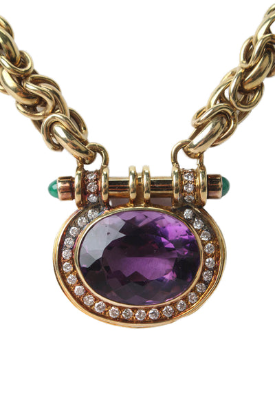 Designer Womens Amethyst Diamond 14K Yellow Gold Necklace 80g