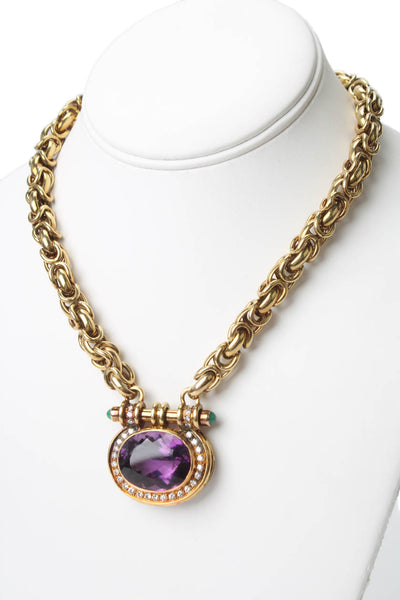 Designer Womens Amethyst Diamond 14K Yellow Gold Necklace 80g