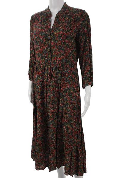 MNG Womens Green Floral Viscose Shirt Dress Long Sleeve Collared Size 4