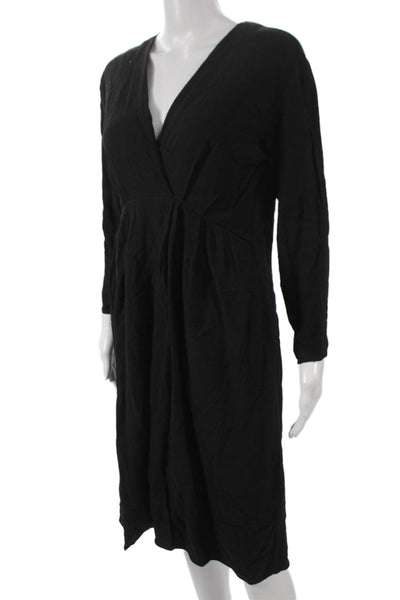 Massimo Dutti Women Black Wrap Dress Long Sleeve V Neck Knee Length Size S