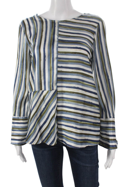 Zara Basic Women Blue Striped Boat Neck Long Sleeve Button Blouse Size S