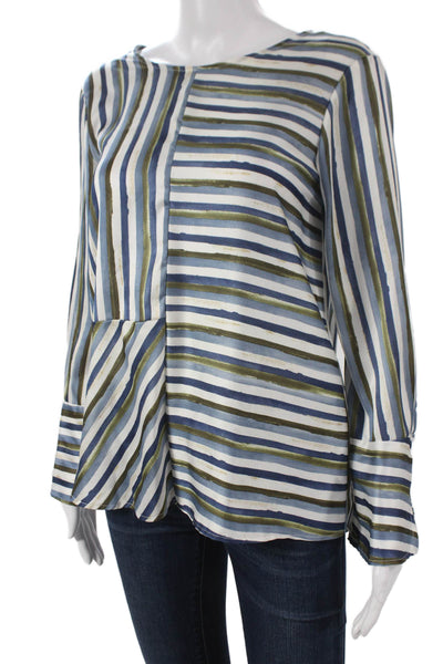 Zara Basic Women Blue Striped Boat Neck Long Sleeve Button Blouse Size S