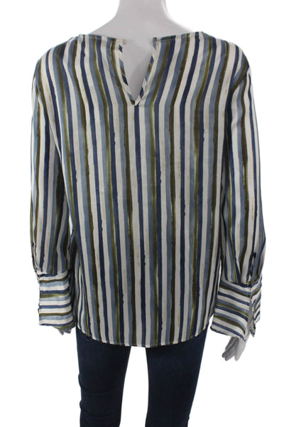 Zara Basic Women Blue Striped Boat Neck Long Sleeve Button Blouse Size S