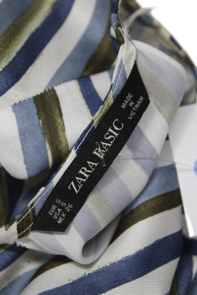 Zara Basic Women Blue Striped Boat Neck Long Sleeve Button Blouse Size S
