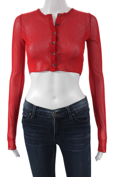 Lovers + Friends Women Cropped Button-Up Top Long Sleeve Red Round Neck Size XS