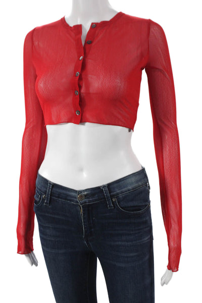 Lovers + Friends Women Cropped Button-Up Top Long Sleeve Red Round Neck Size XS