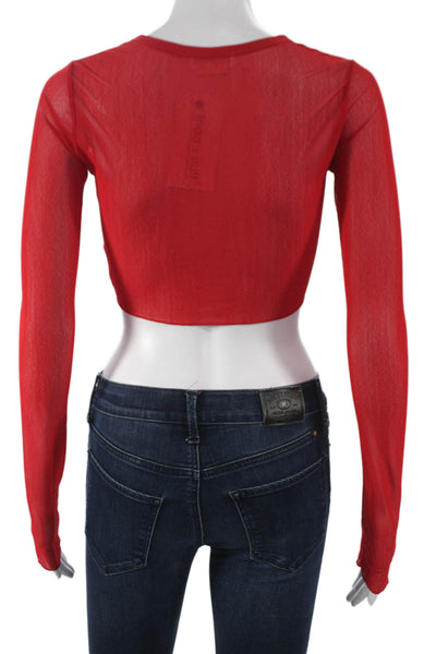 Lovers + Friends Women Cropped Button-Up Top Long Sleeve Red Round Neck Size XS