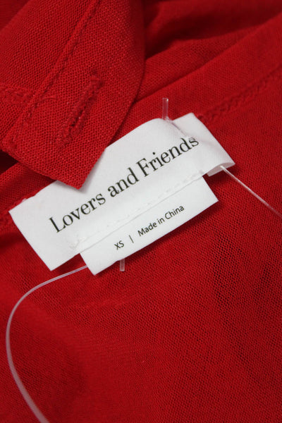 Lovers + Friends Women Cropped Button-Up Top Long Sleeve Red Round Neck Size XS