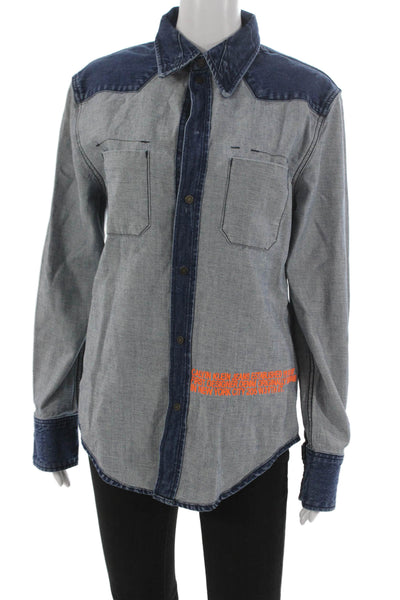 Calvin Klein Jeans Womens Western Button Up Top Colorblock Blue Cotton Size XS