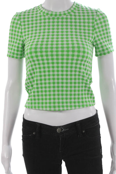 MNG Womens Cropped T-Shirt Green Check Short Sleeve Round Neck Size 2XS