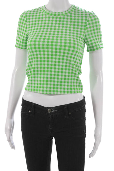 MNG Womens Cropped T-Shirt Green Check Short Sleeve Round Neck Size 2XS