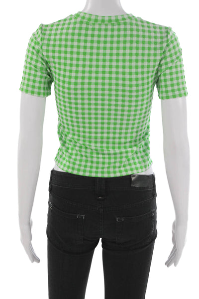 MNG Womens Cropped T-Shirt Green Check Short Sleeve Round Neck Size 2XS