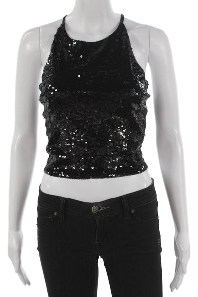 Alice + Olivia Women Cropped Tank Black Sequin Lace Halter Zip Size 4