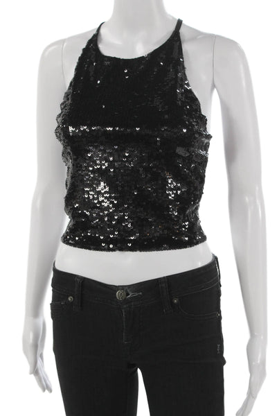 Alice + Olivia Women Cropped Tank Black Sequin Lace Halter Zip Size 4
