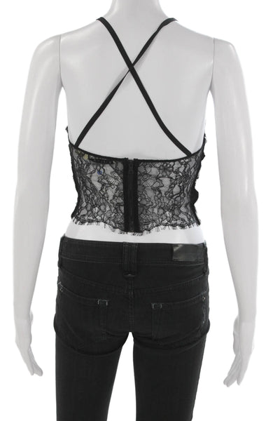 Alice + Olivia Women Cropped Tank Black Sequin Lace Halter Zip Size 4