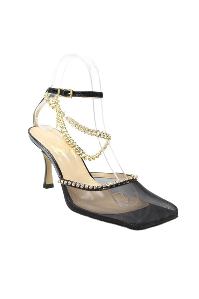 Nalebe Womens Mesh Rhinestoned Square Toe Heels Black Size 7.5