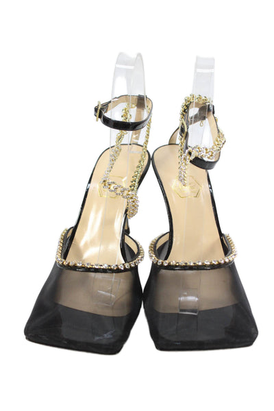 Nalebe Womens Mesh Rhinestoned Square Toe Heels Black Size 7.5