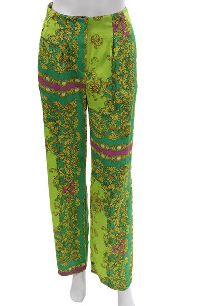 MNG Womens Dress Pants Green Polyester Geometric Button Size 1