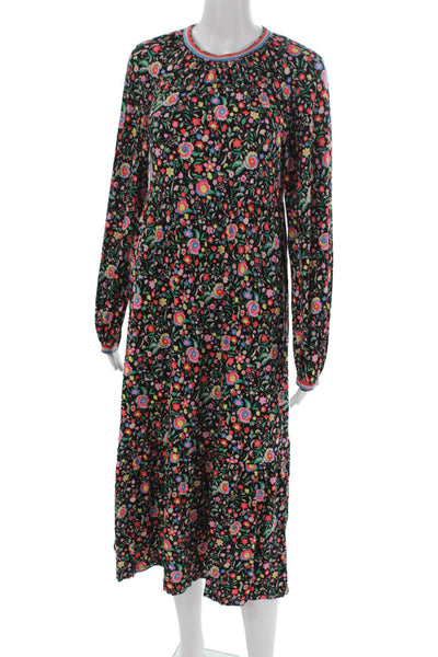Boden Women A-Line Black Floral Long Sleeve Button Viscose Dress Petite Size 4