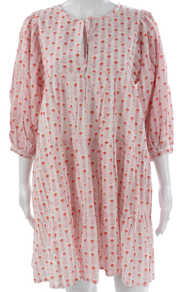 Marea Womens Trapeze Swing Dress Pink V-Neck Cotton 3/4 Sleeve Long Size XS