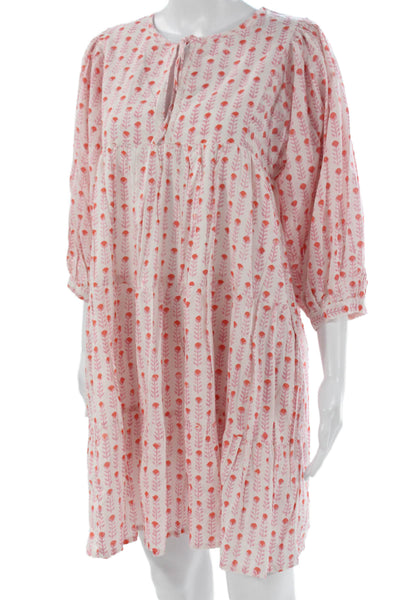 Marea Womens Trapeze Swing Dress Pink V-Neck Cotton 3/4 Sleeve Long Size XS