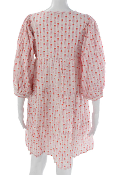 Marea Womens Trapeze Swing Dress Pink V-Neck Cotton 3/4 Sleeve Long Size XS