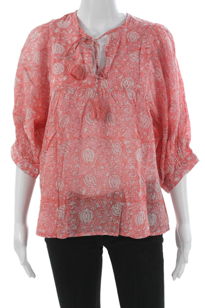 Marea Women Pink Floral V-Neck Tunic Blouse 100% Cotton 3/4 Sleeve Size S