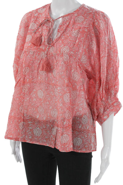 Marea Women Pink Floral V-Neck Tunic Blouse 100% Cotton 3/4 Sleeve Size S