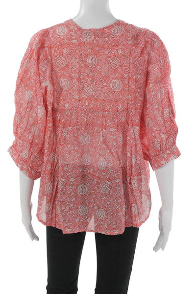 Marea Women Pink Floral V-Neck Tunic Blouse 100% Cotton 3/4 Sleeve Size S