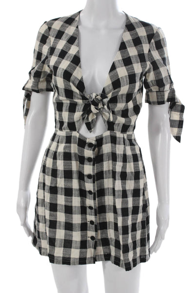 Bec & Bridge Womens Mini Dress Black Gingham Cotton V-Neck Short Sleeve Size 6